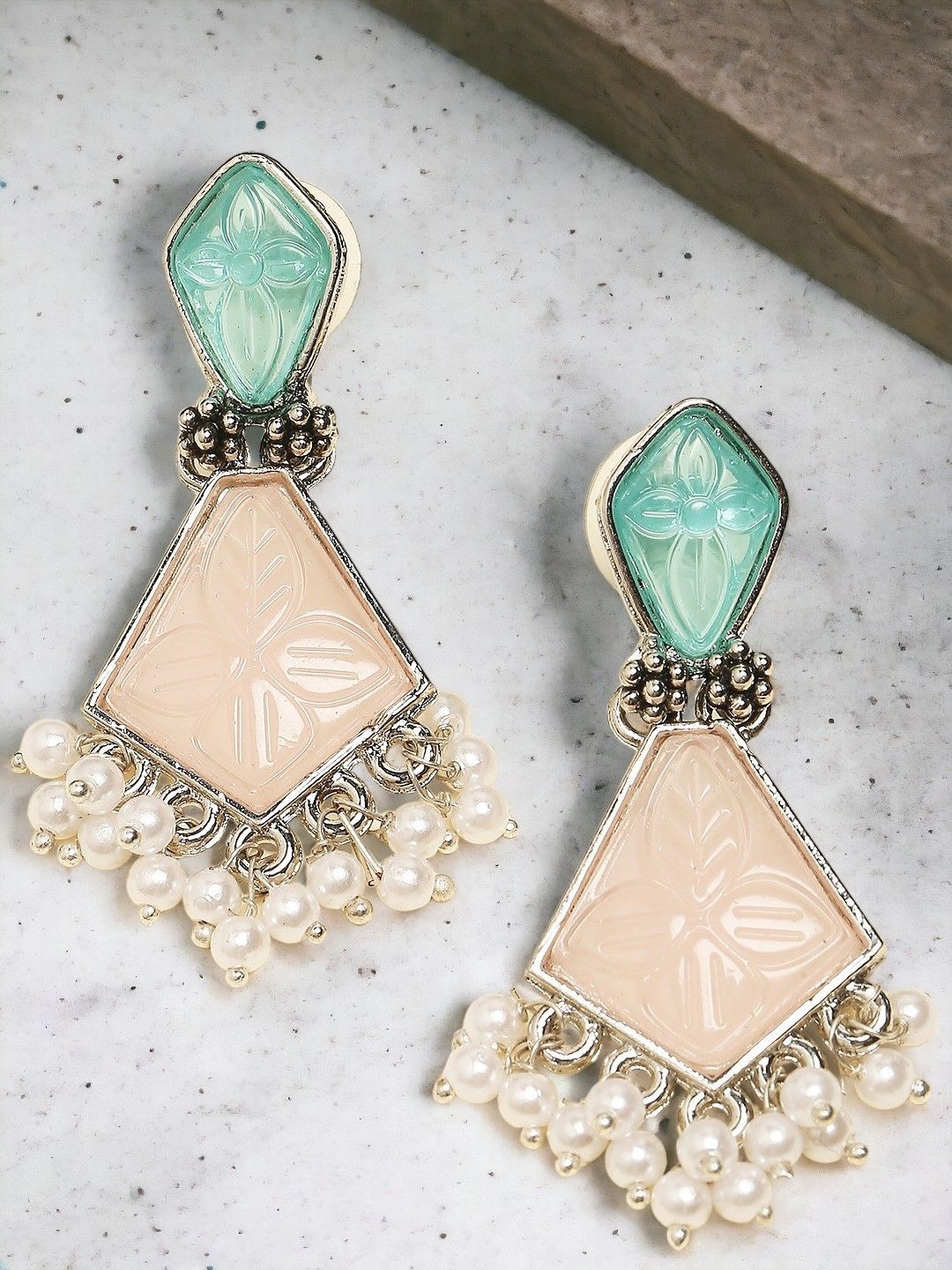 

OOMPH Silver-Plated Artificial Stones and Beaded Geometric Shaped Drop Earrings