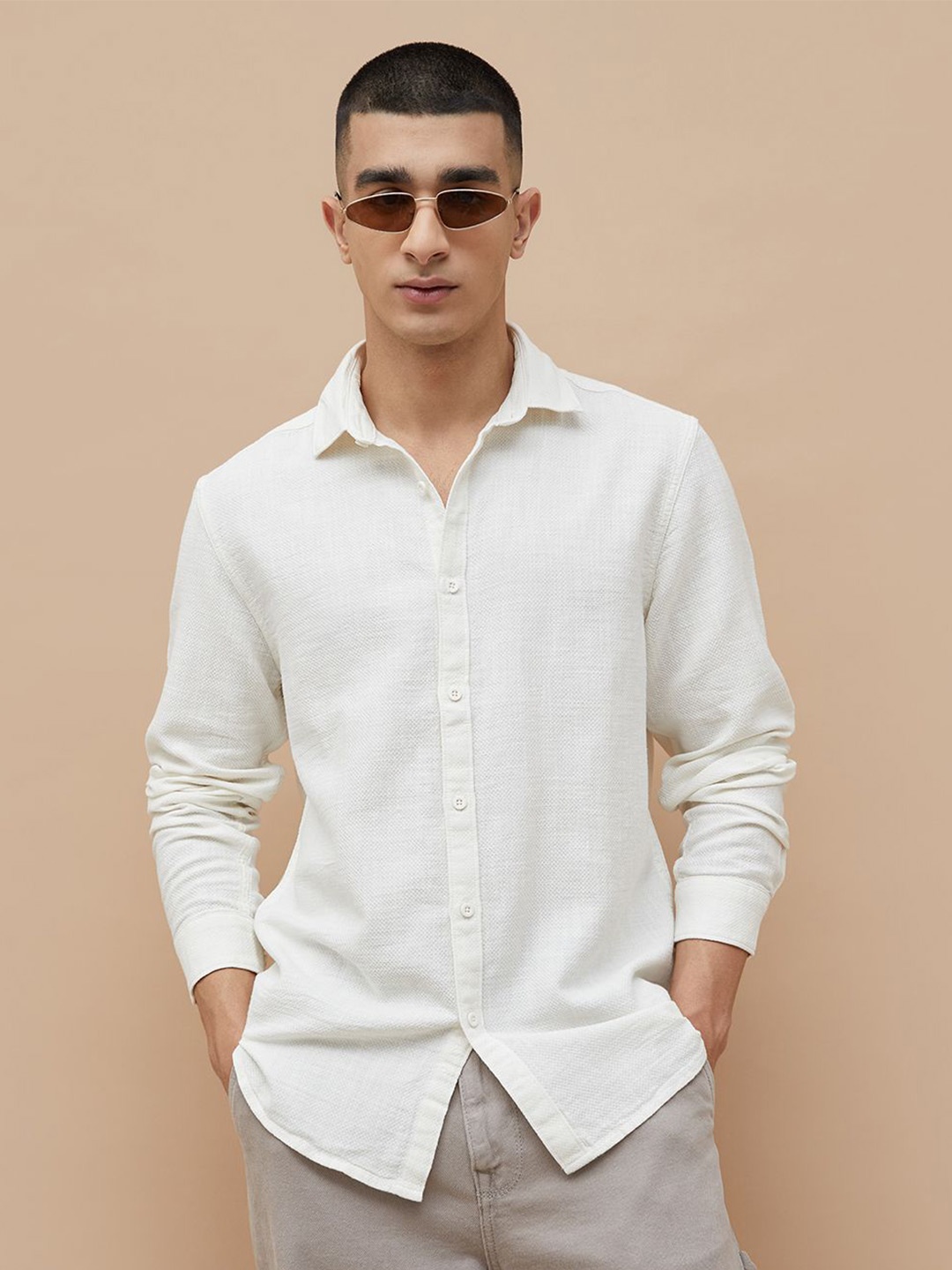 

Fame Forever by Lifestyle Men Spread Collar Solid Cotton Casual Shirt, Off white