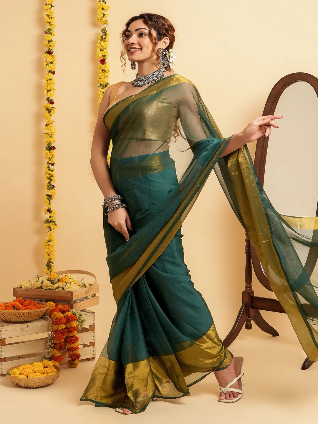 

VRAGI Zari Saree with Blouse Piece, Turquoise blue