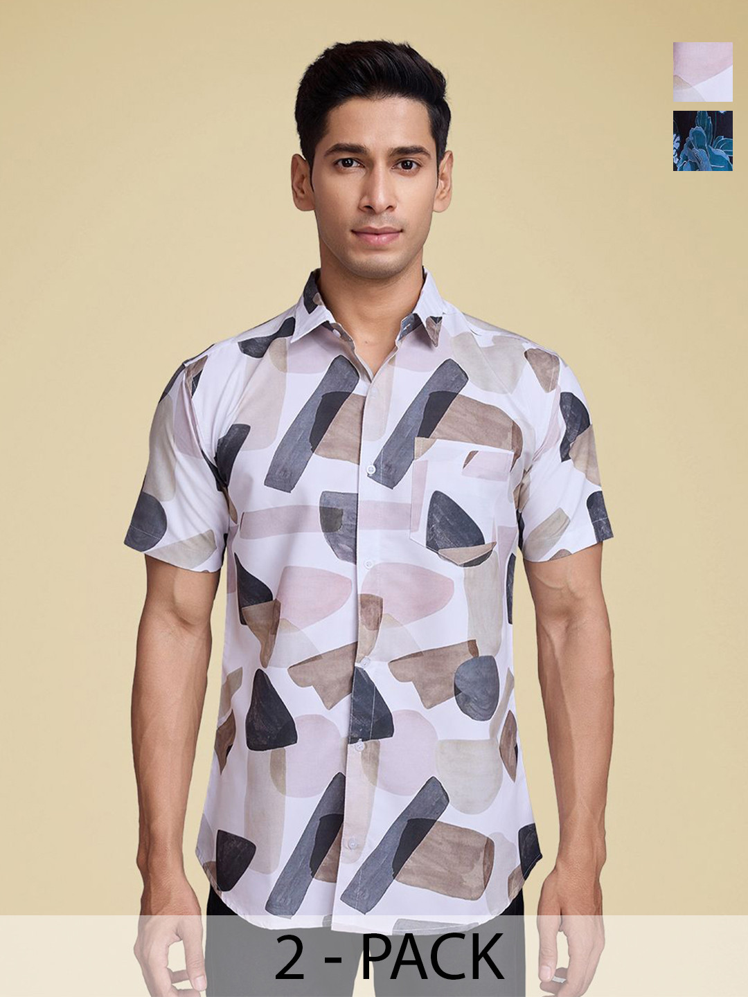 

SZN Men Pack Of 2 Standard Fit Cuban Collar Floral Printed Cotton Casual Shirts, White