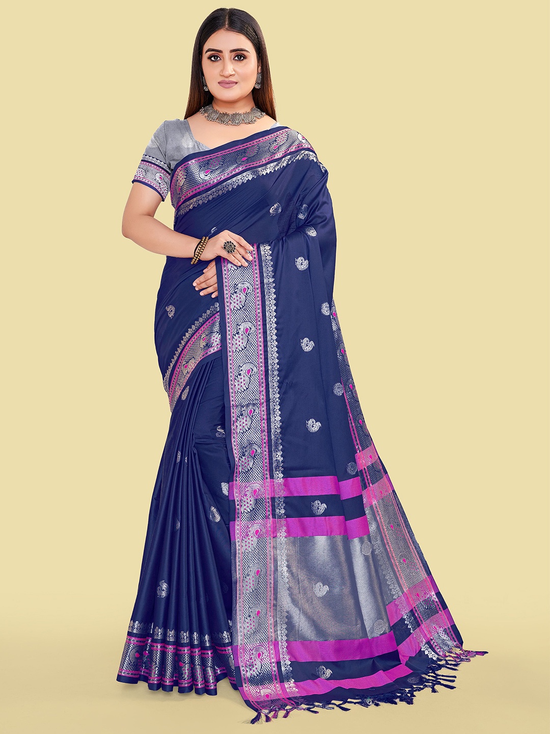 

bansari textiles Woven Design Zari Paithani Saree, Blue