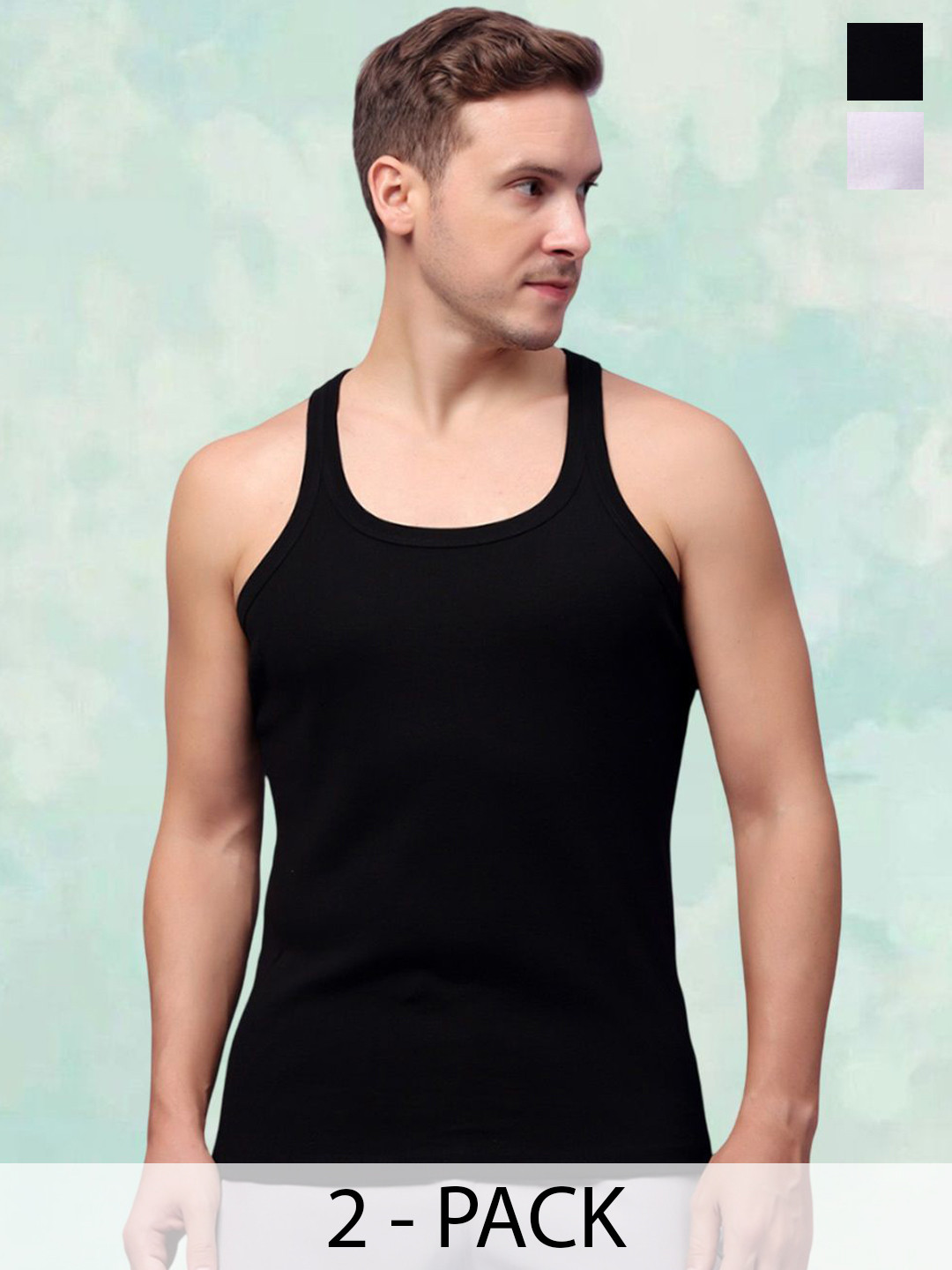 

FBAR Men Pack Of 2 Round Neck Innerwear Gym Vests, Black