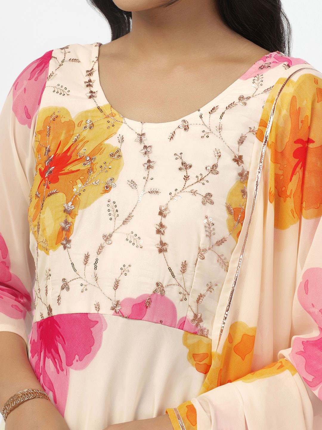 

Moda Rapido Women Floral Printed Maxi Ethnic Dress With Dupatta, Off white