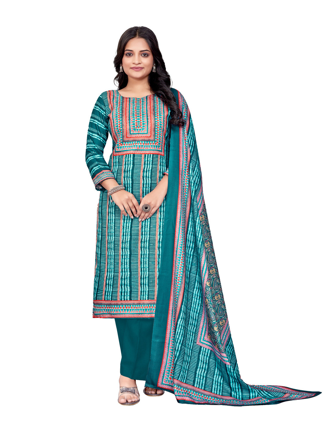 

DRAVINAM Trends Geometric Printed Pashmina Unstitched Dress Material, Blue