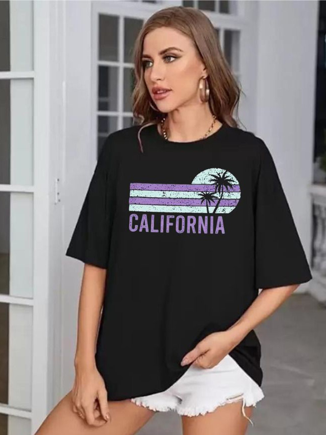 

SALUJA FABRICS Women Printed Applique T-shirt, Black