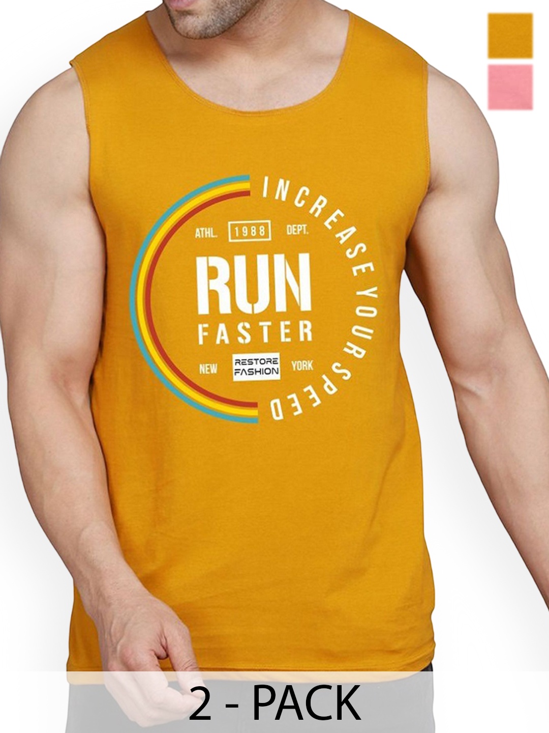 

Woostro Men Pack Of 2 Printed Pure Cotton Gym VestsRS26 CMB, Mustard
