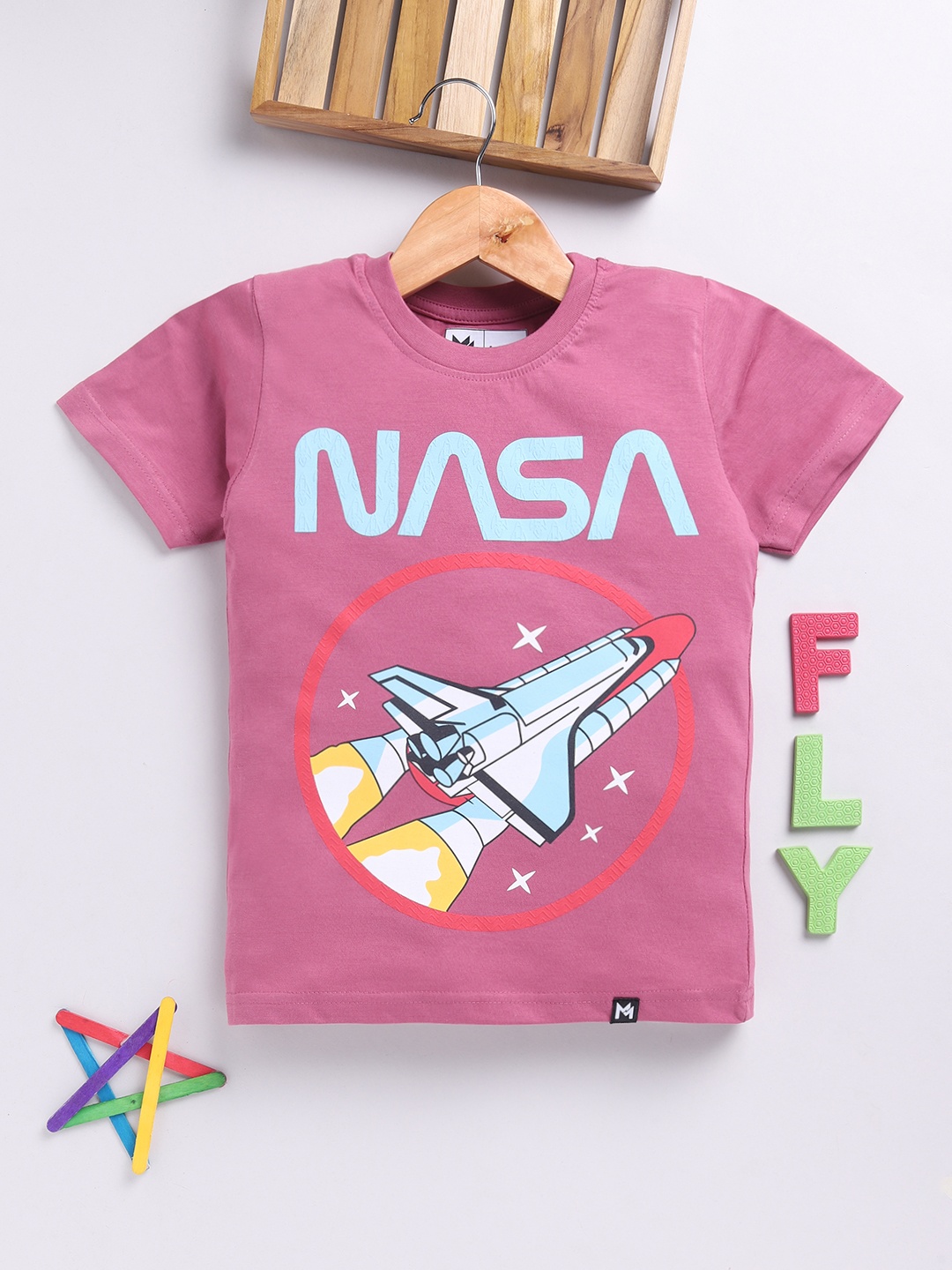 

YK X Minute Mirth Boys NASA Graphic Printed Pure Cotton T-shirt, Mauve