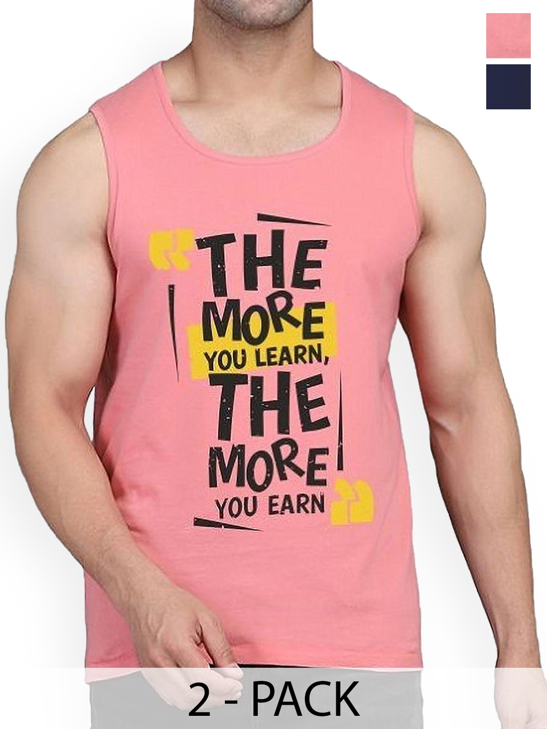 

WOOSTRO Pack Of 2 Printed Cotton Gym Vests RS26 CMB (HARD NAVY) (MORE PEACH), Navy blue