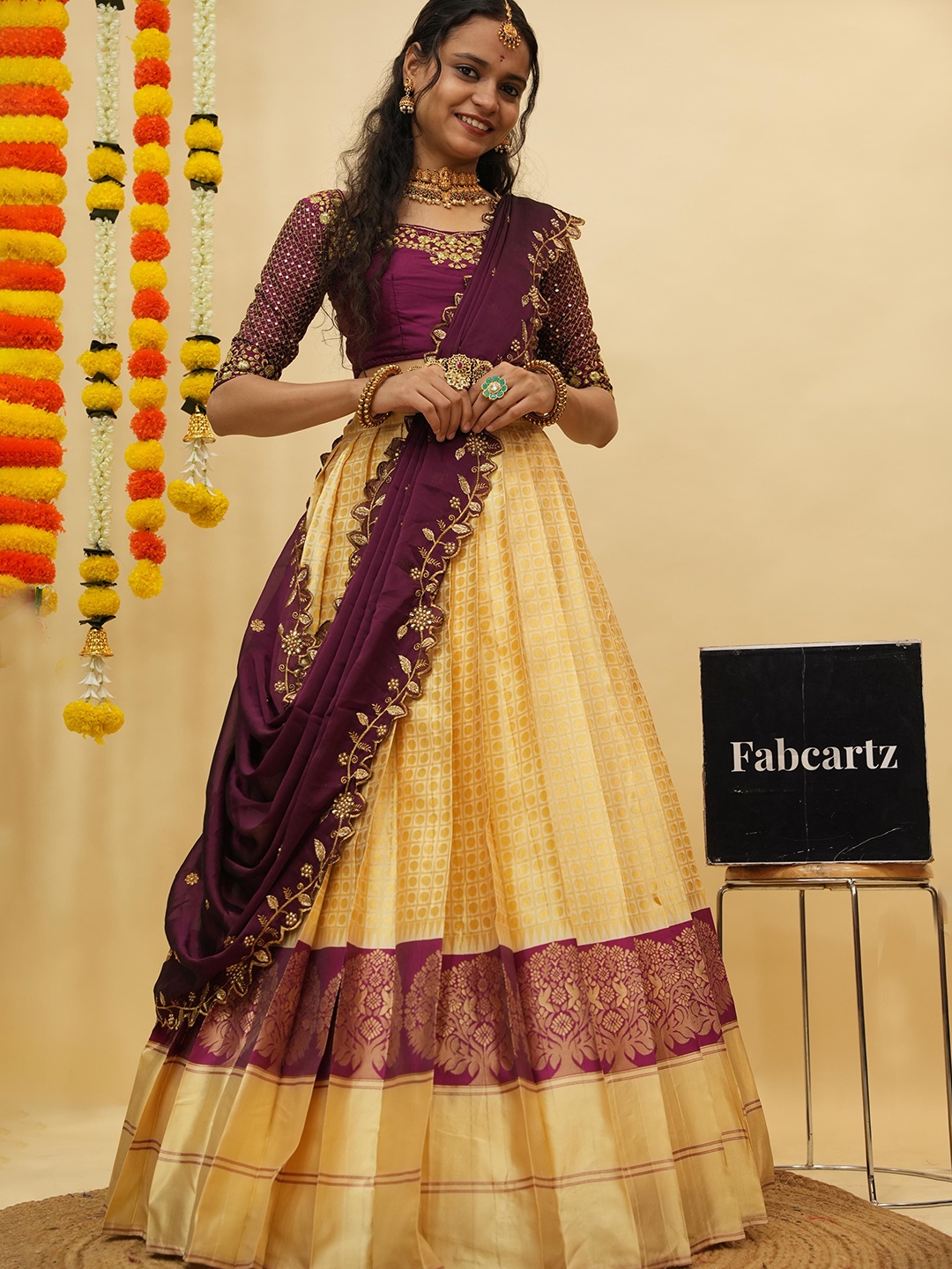 

Fabcartz Embroidered Semi-Stitched Lehenga & Unstitched Blouse with Dupatta, Purple