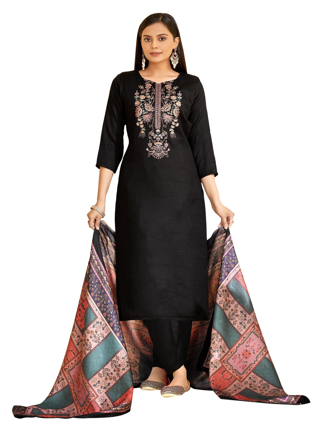 

DRAVINAM Trends Ethnic Motifs Embroidered Pashmina Unstitched Dress Material, Black