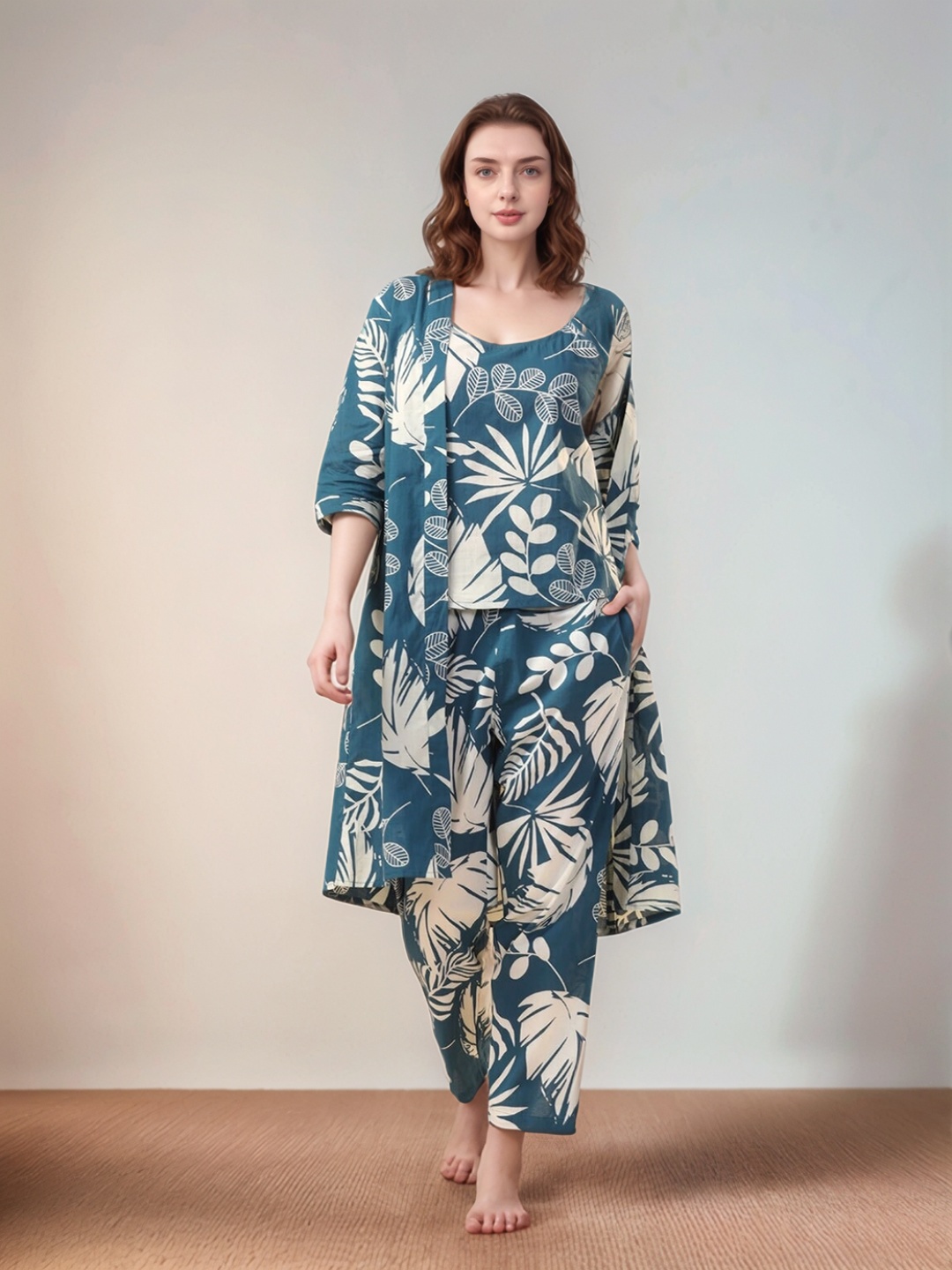 

BAESD Floral Printed Pure Cotton Shoulder Straps Top & Trousers With Shrug, Blue