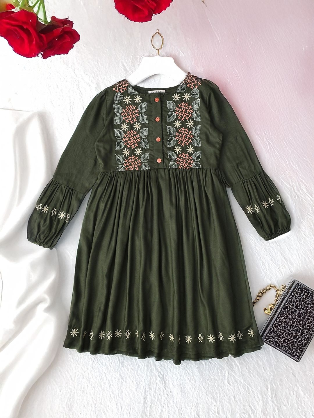 

Bella Moda Girls Embroidered Cuffed Sleeves Cotton Fit & Flare Dress, Green