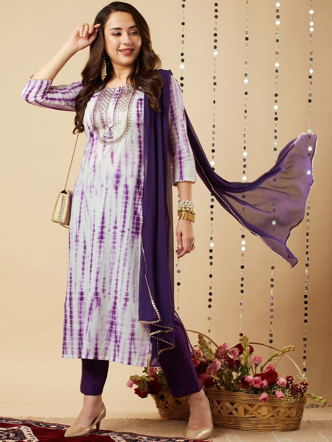 

DIVASTRI Women Printed Regular Sequinned Kurta with Trousers & With Dupatta, Purple