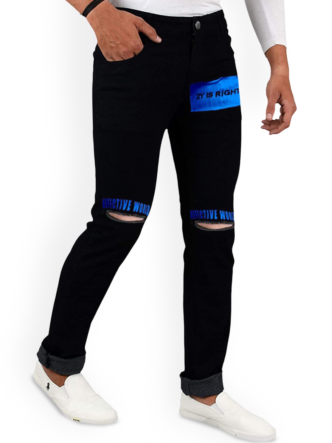 

Star4Well Men Narrow Slim Fit Mildly Distressed Jeans, Black