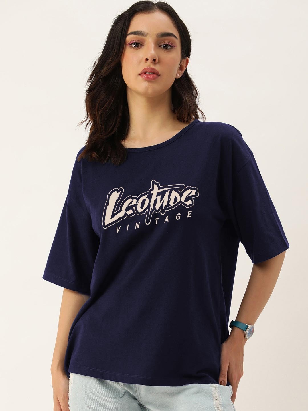 

Leotude Women Typography Printed Round Neck Cotton Oversized T-shirt, Navy blue