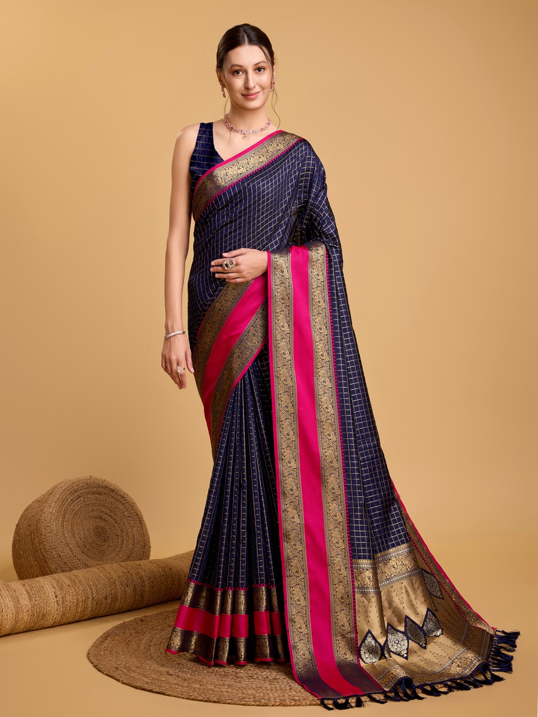 

Munir Woven Design Zari Silk Blend Banarasi Saree, Navy blue