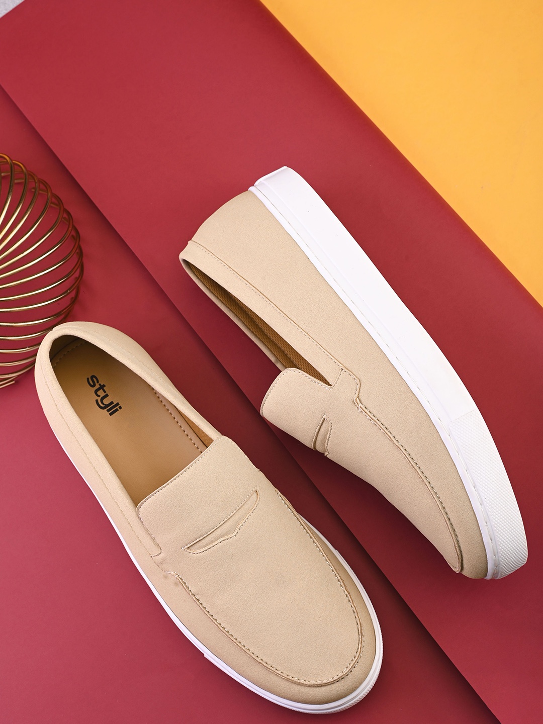 

Styli Men Faux Suede Loafers with Buckle Detail Casual Slip On Shoes, Beige