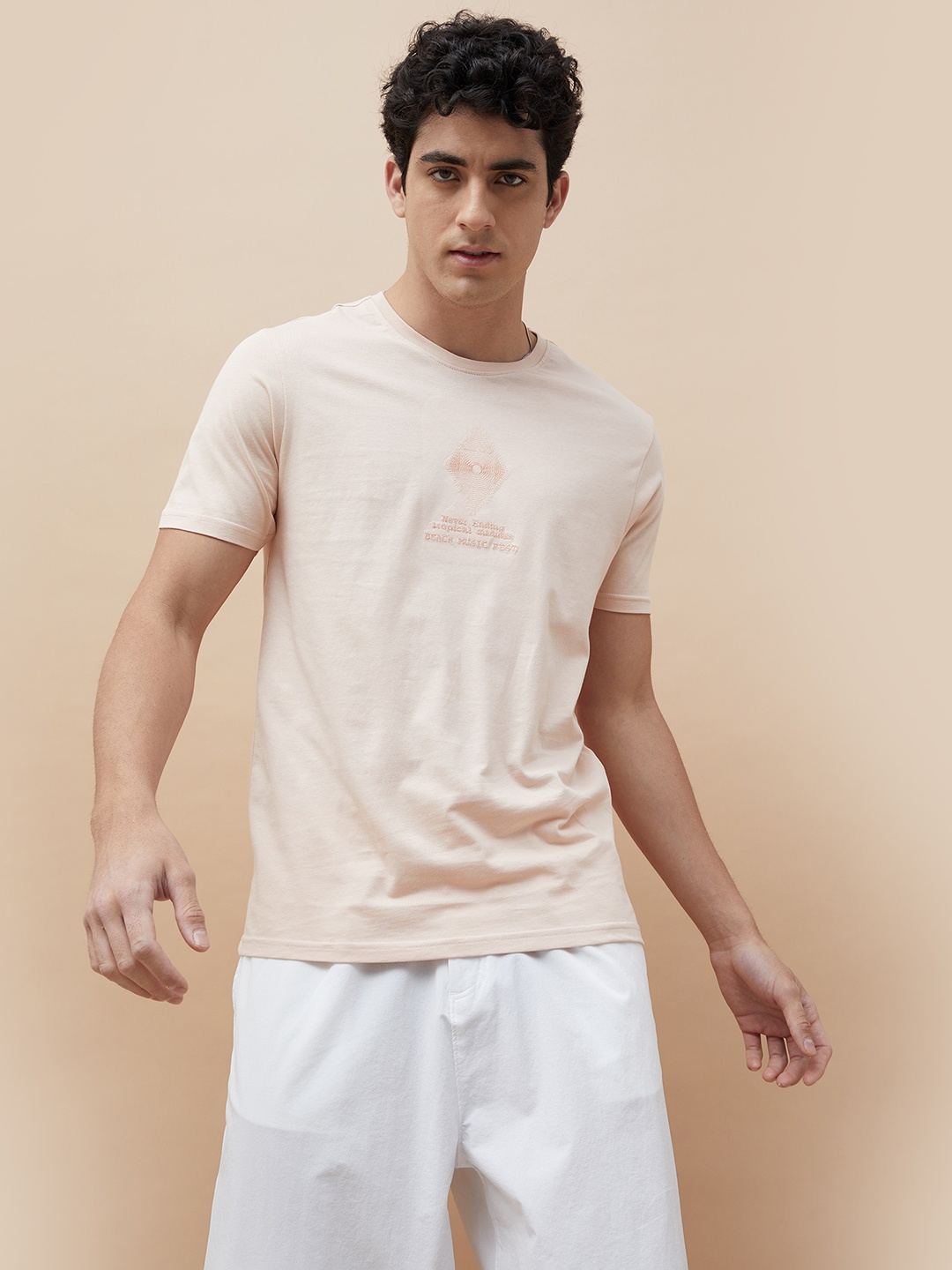 

Forca Men Typography Printed Round Neck Cotton T-shirt, Cream