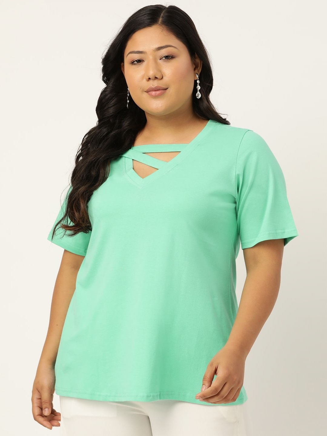 

theRebelinme Women Solid V-Neck Cotton T-shirt, Sea green