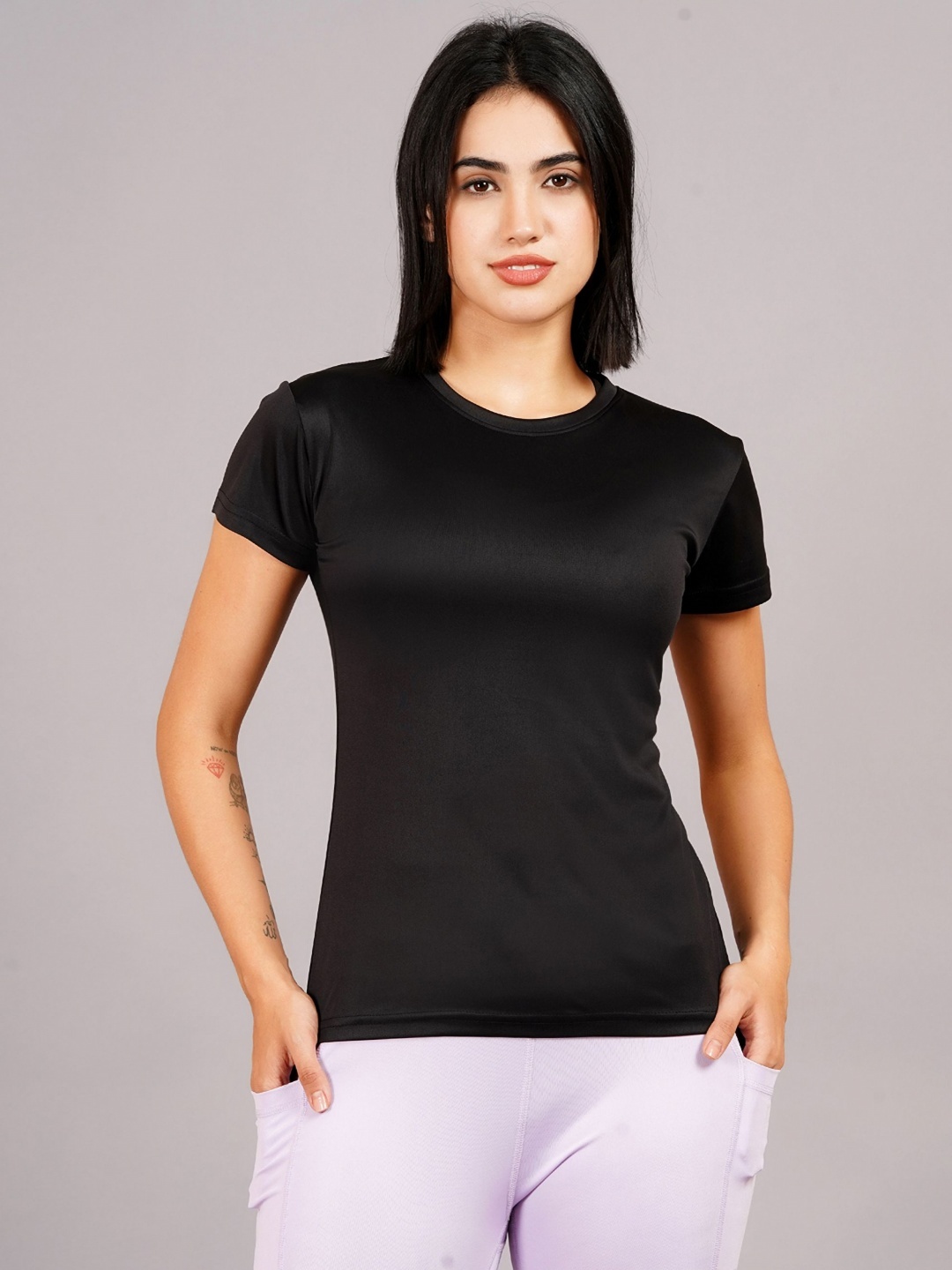 

Kyk Women Solid Round Neck Compression T-shirt, Black