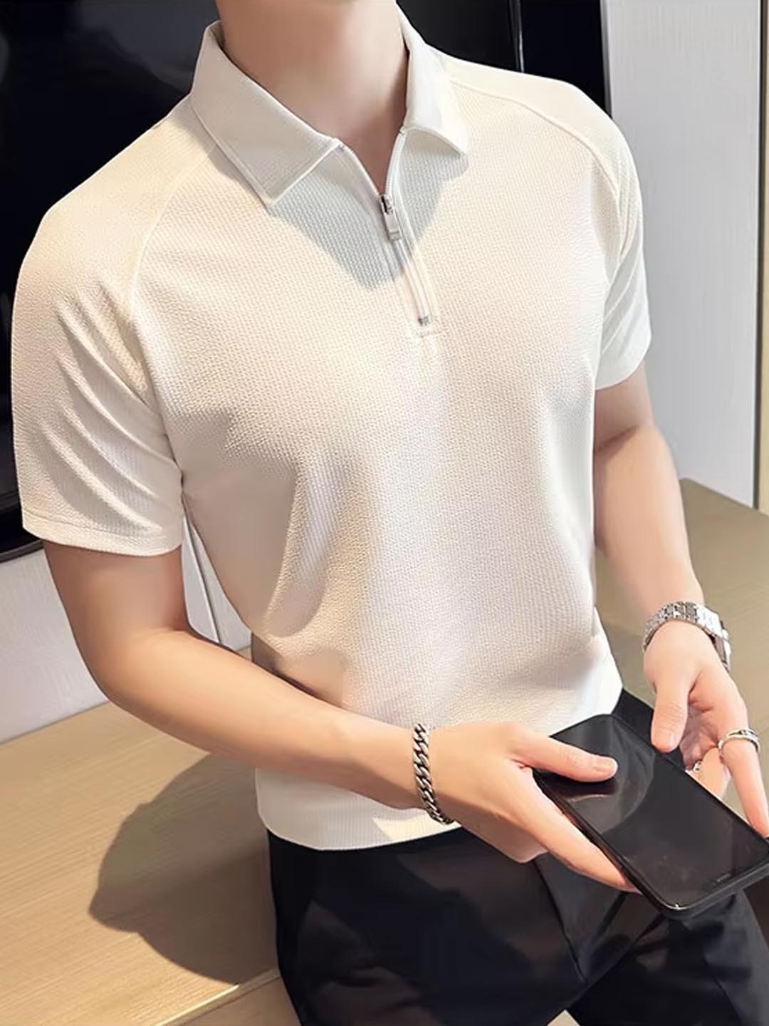 

madfrog Men Self Design Polo Collar Slim Fit T-shirt, White