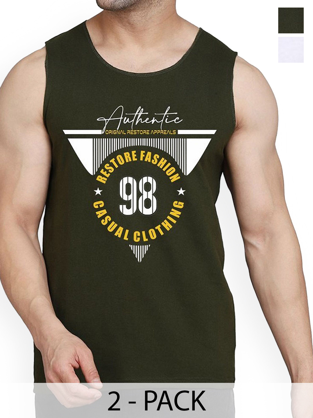 

WOOSTRO Men Pack Of 2 Printed Combed Cotton Gym Vest, Olive