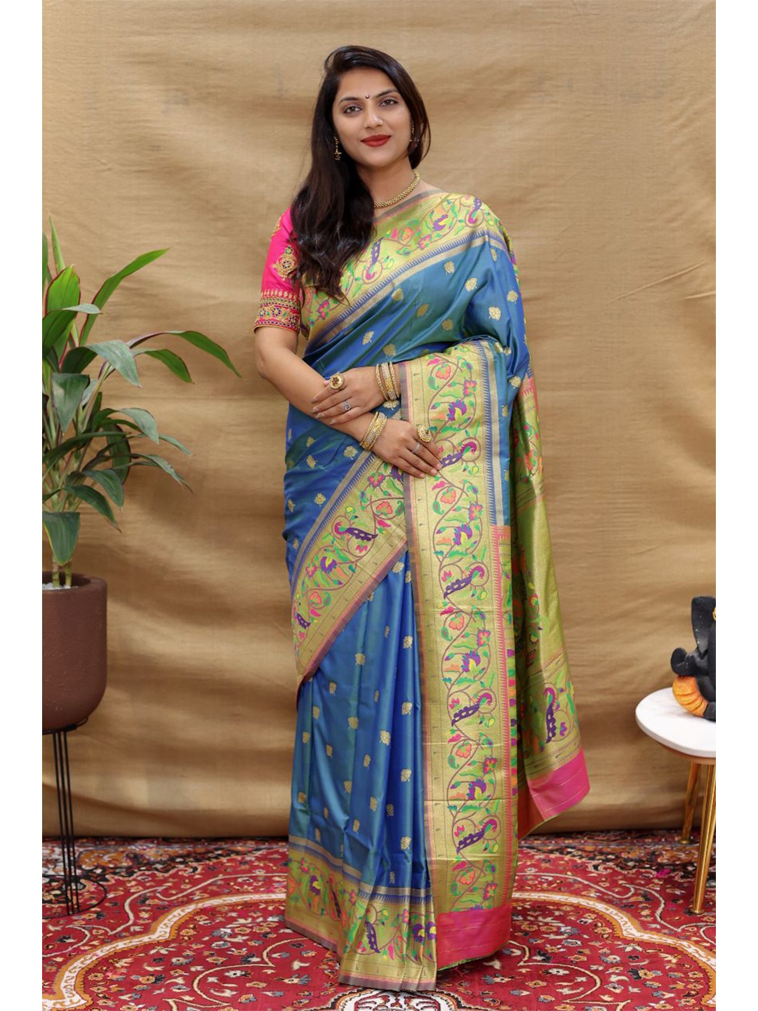 

amirat Ethnic Motifs Woven Design Zari Pure Silk Paithani Saree, Teal