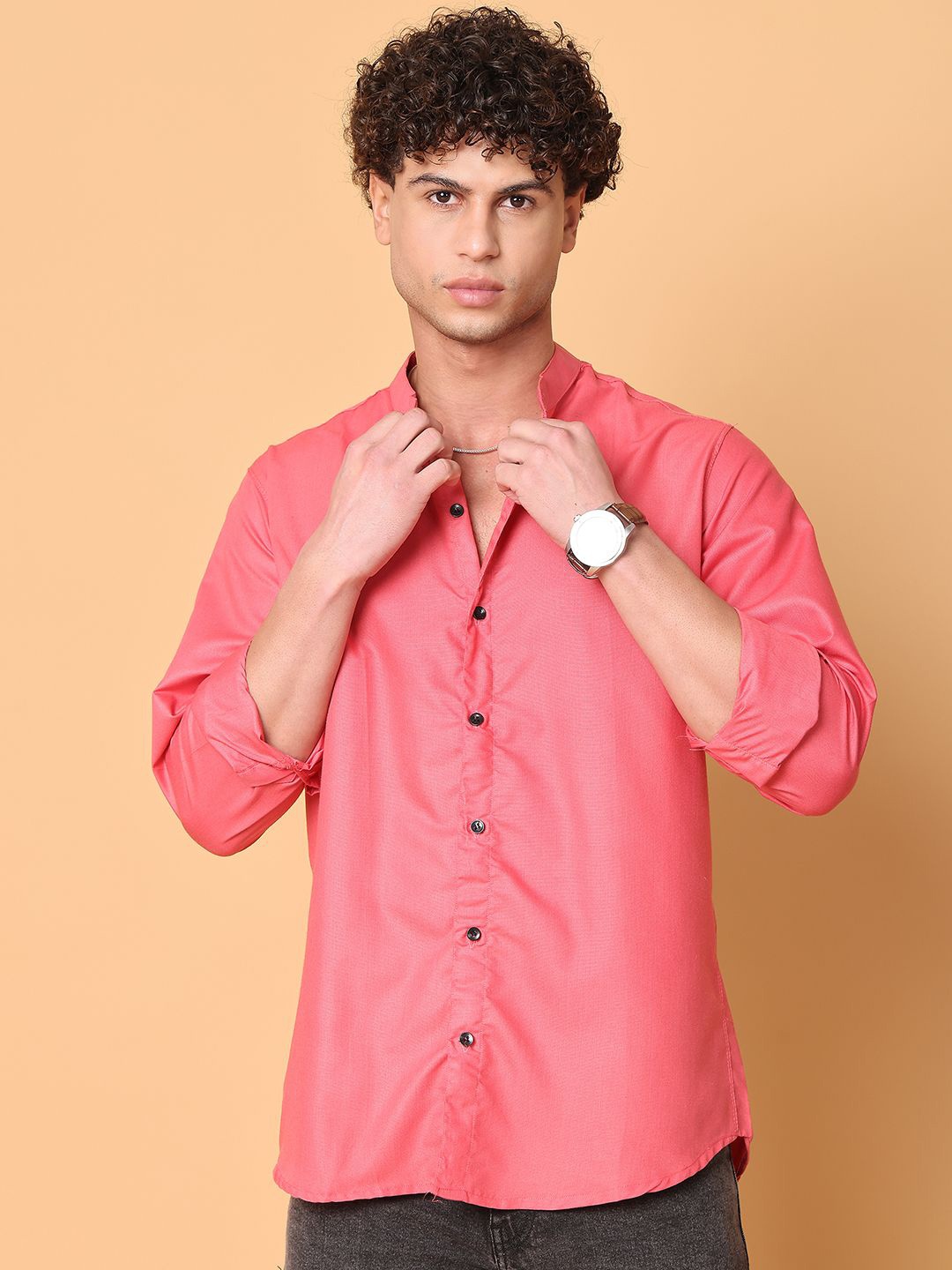 

Tanip Men Band Collar Solid Cotton Casual Shirt, Pink