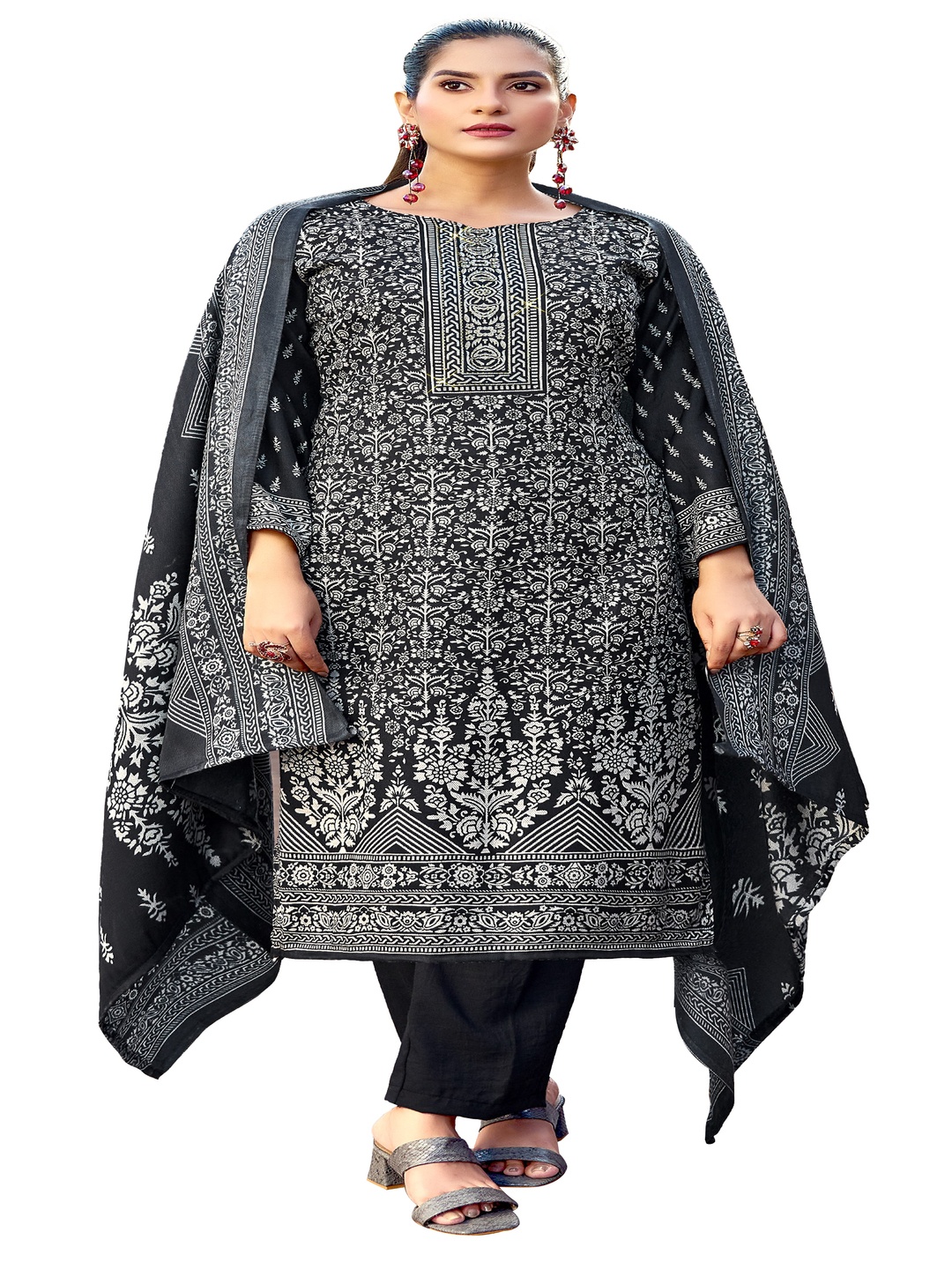 

DRAVINAM Trends Floral Printed Unstitched Dress Material, Black