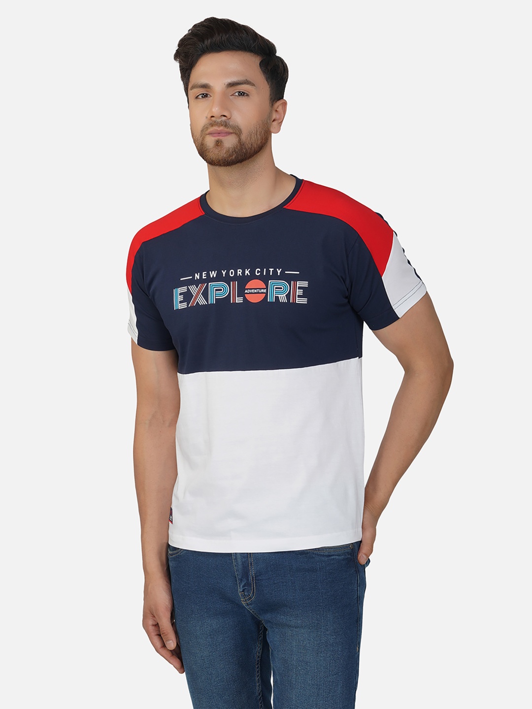 

ALARM Men Colourblocked Round Neck Cotton T-shirt, White
