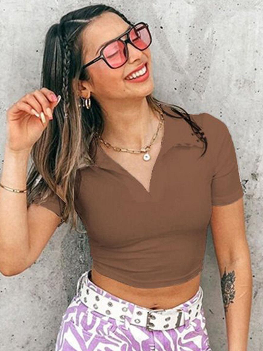 

StyleCast x Revolte Cotton Fitted Crop Solid Top, Brown