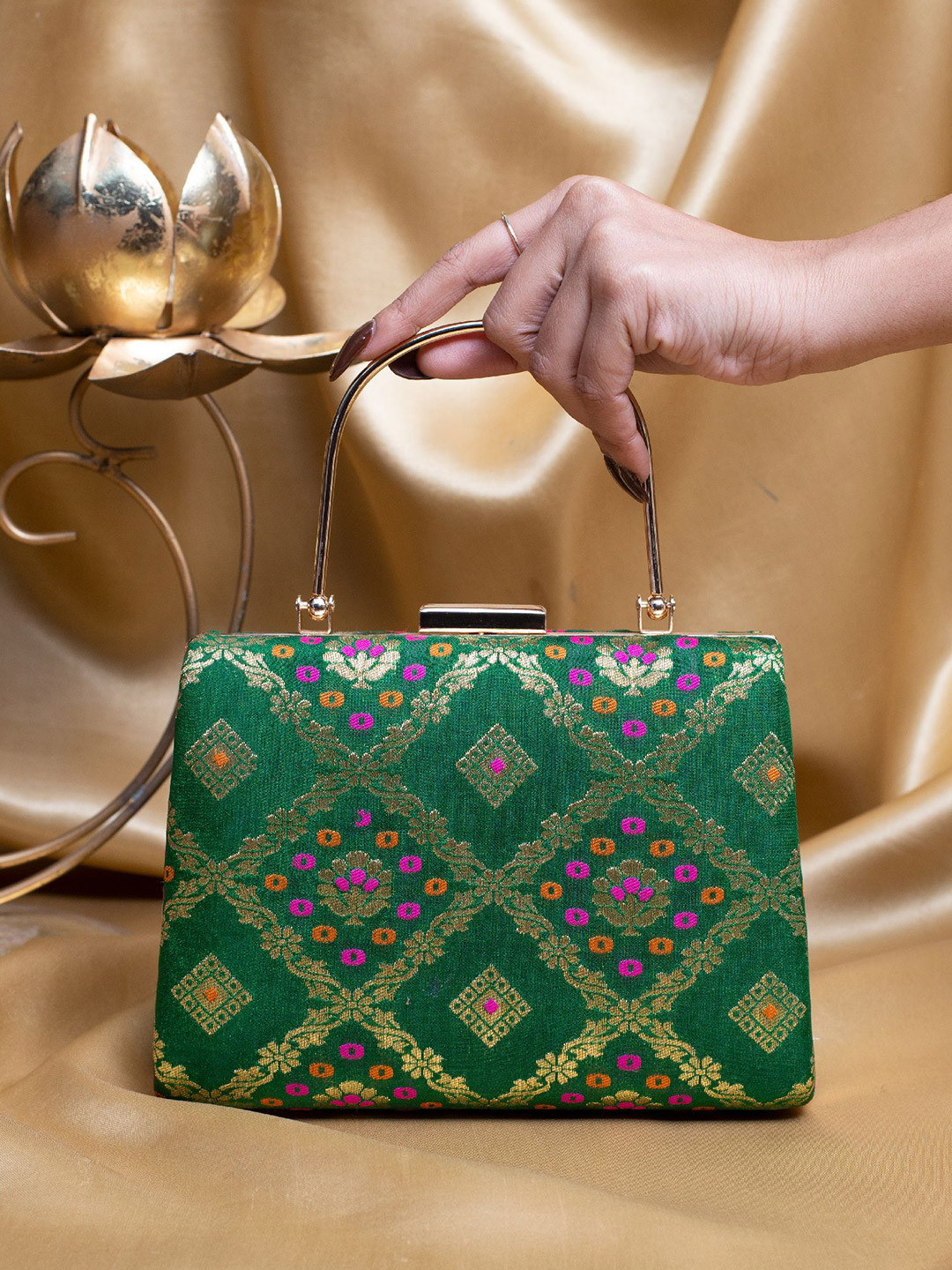 

ARTKLIM Floral Embroidered Brocade Box Clutch, Green