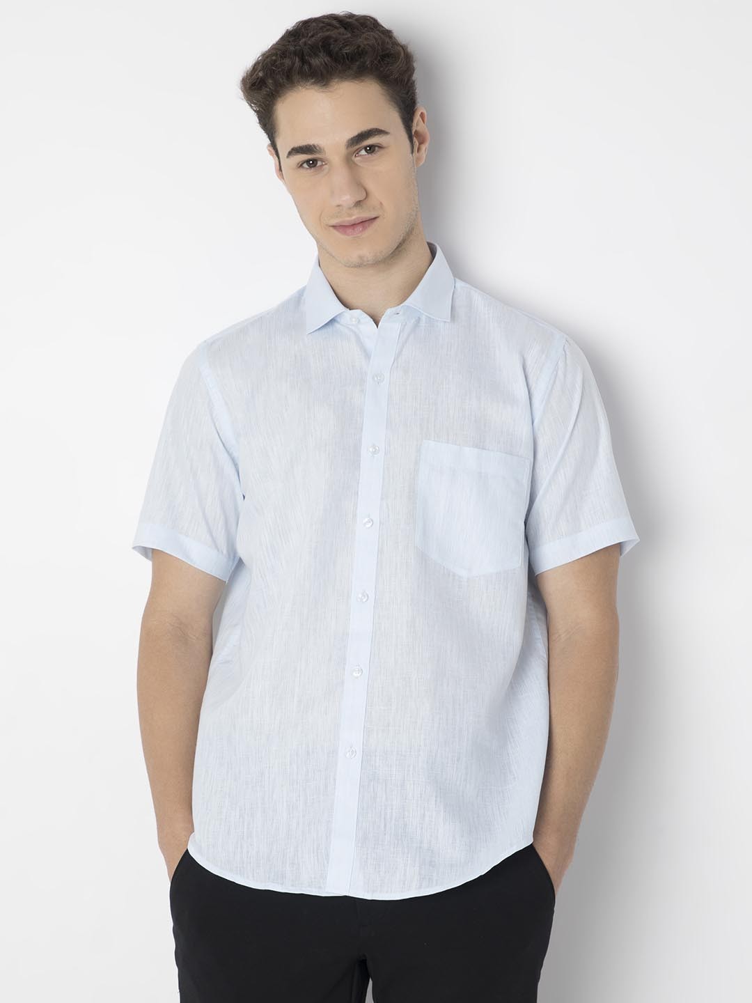 

MARK & ALBERT Men India Slim Fit Spread Collar Solid Cotton Linen Casual Shirt, Blue