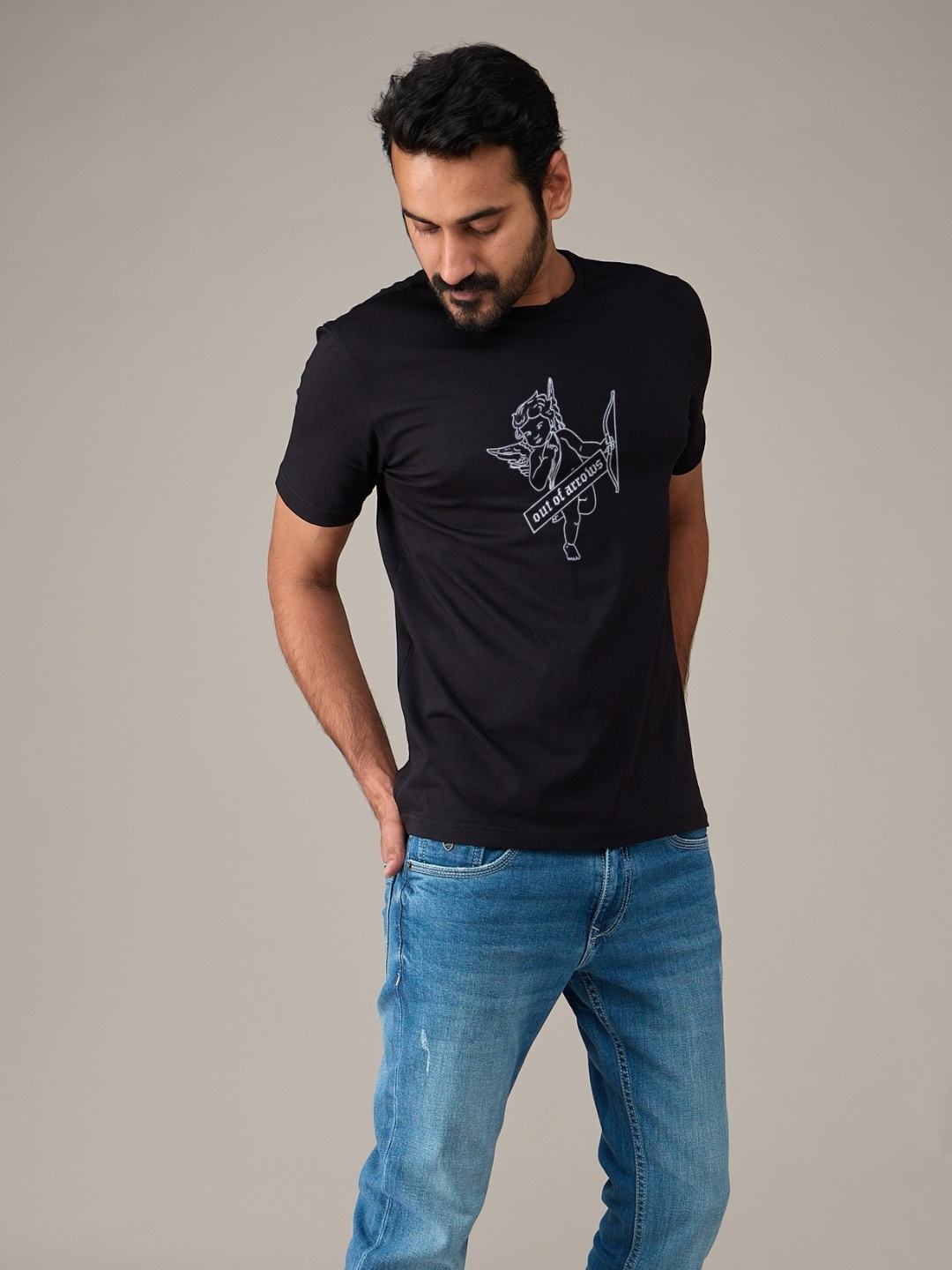 

EQL Men Bio Finish Graphic Printed Round Neck Cotton T-shirt, Black