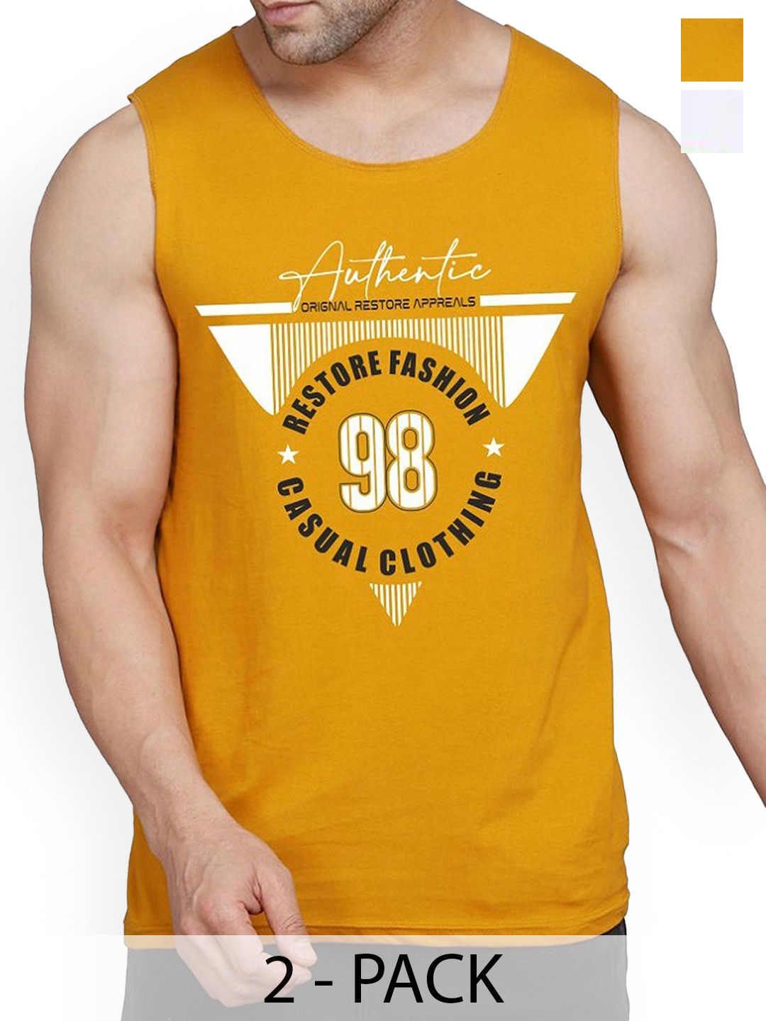

WOOSTRO Pack Of 2 Printed Sleeveless Innerwear Vests, Mustard