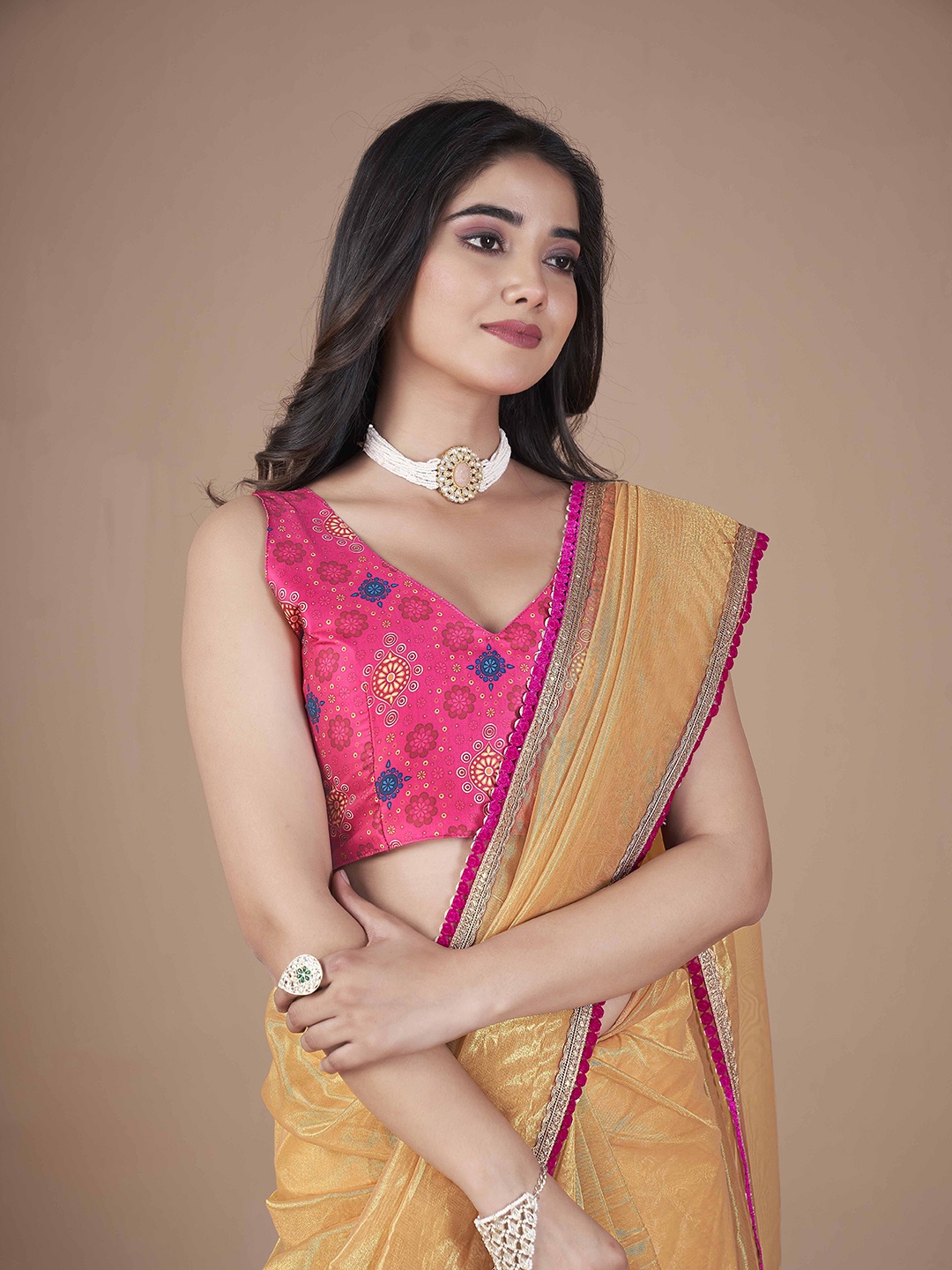 

Ethnielle Gotta Patti Net Saree With Digital Printed Blouse, Mustard