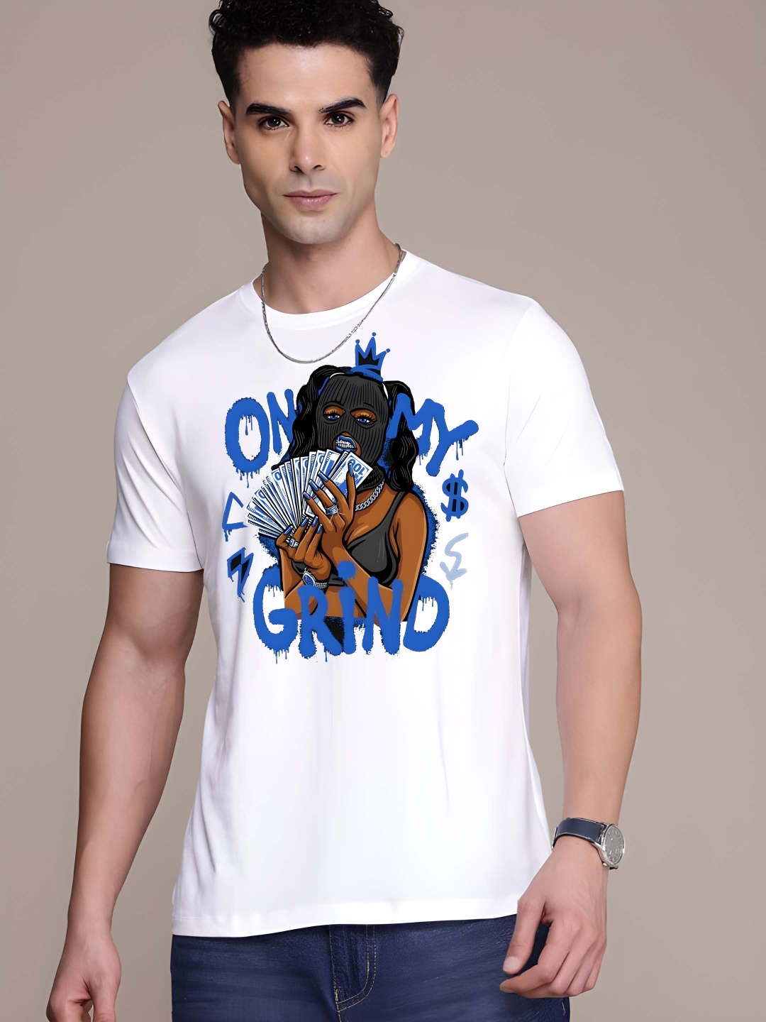

Krimmple Men Graphic Printed Round Neck Cotton T-shirt, White