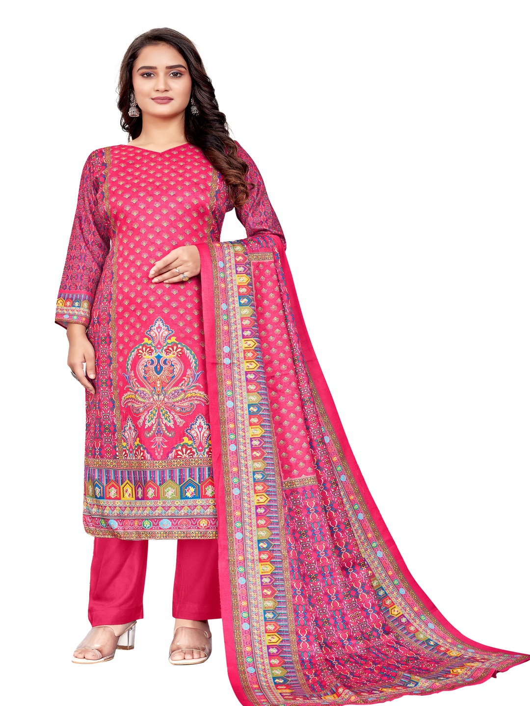 

DRAVINAM Trends Ethnic Motifs Printed Pashmina Unstitched Dress Material, Peach