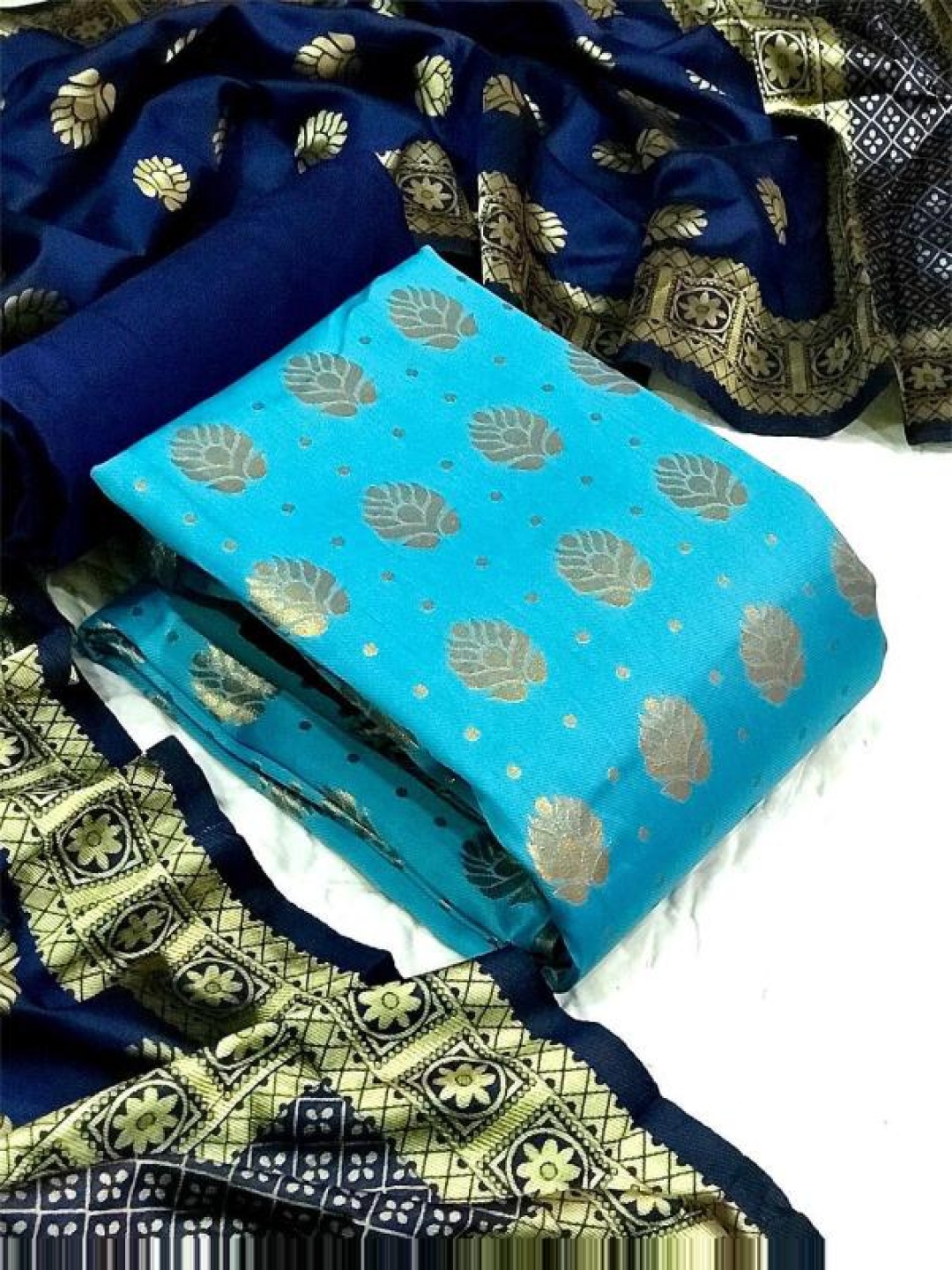 

KALINI Floral Woven Design Banarasi Silk Jacquard Unstitched Dress Material, Turquoise blue