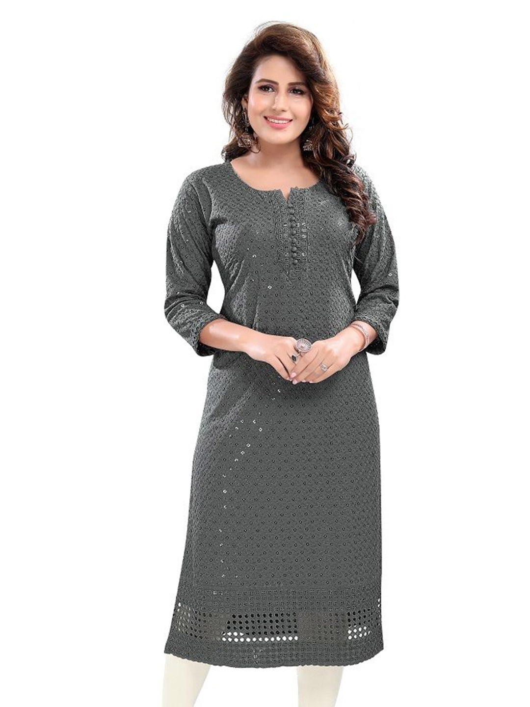 

DREAM & DZIRE Floral Embroidered Chikankari Notch Neck Pure Straight Kurta, Grey