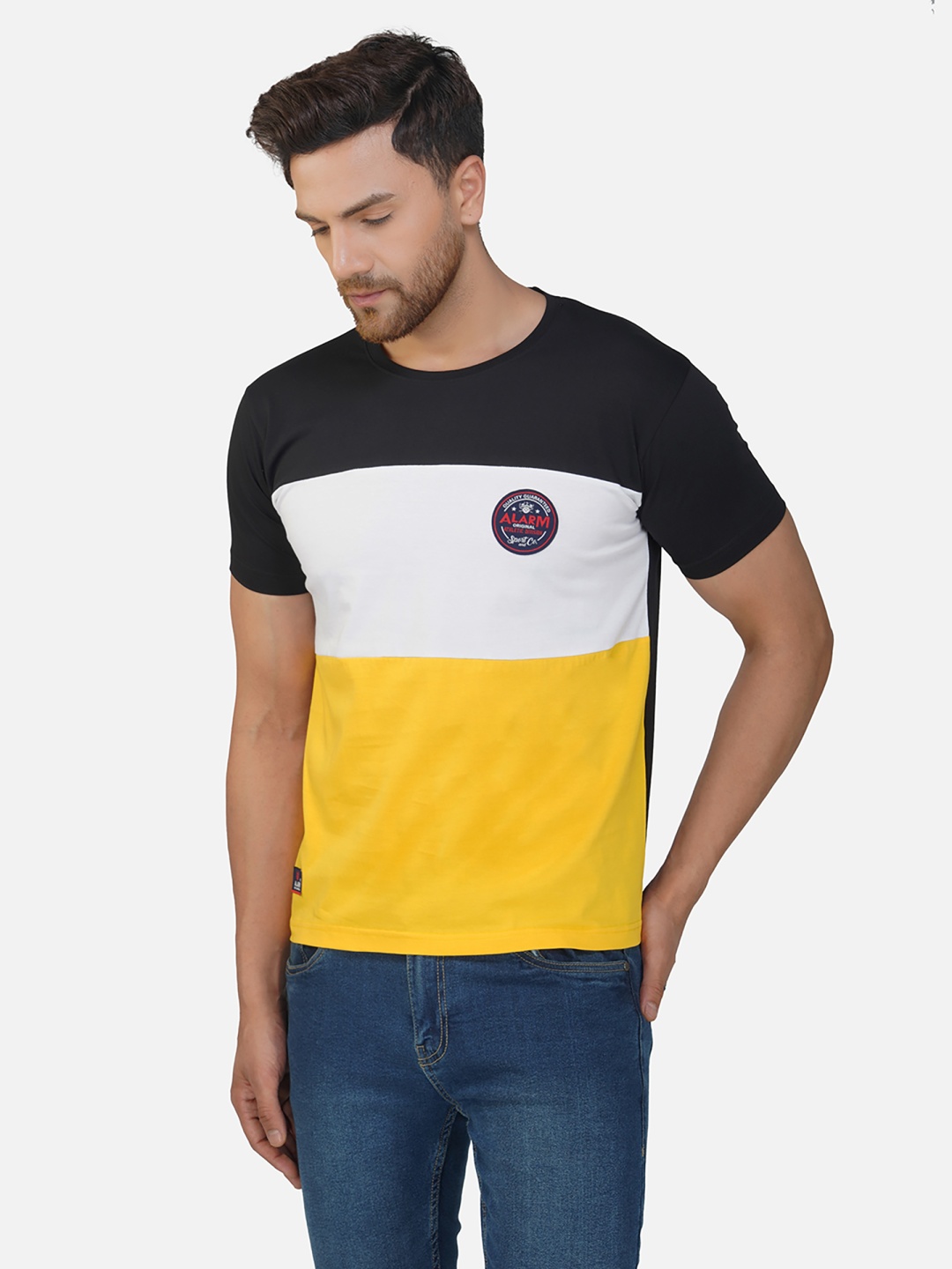 

ALARM Men Colourblocked Round Neck Cotton T-shirt, Yellow