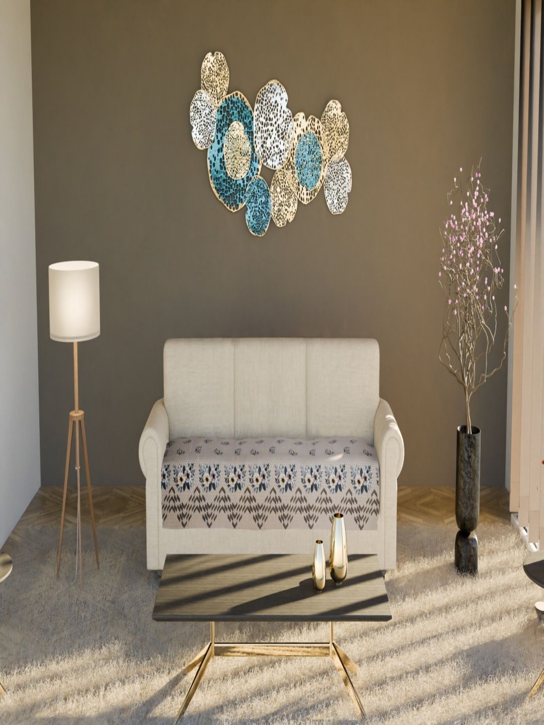 

Fashion Throw Beige & Grey Floral Printed Velvet 3 Seater Sofa Cover