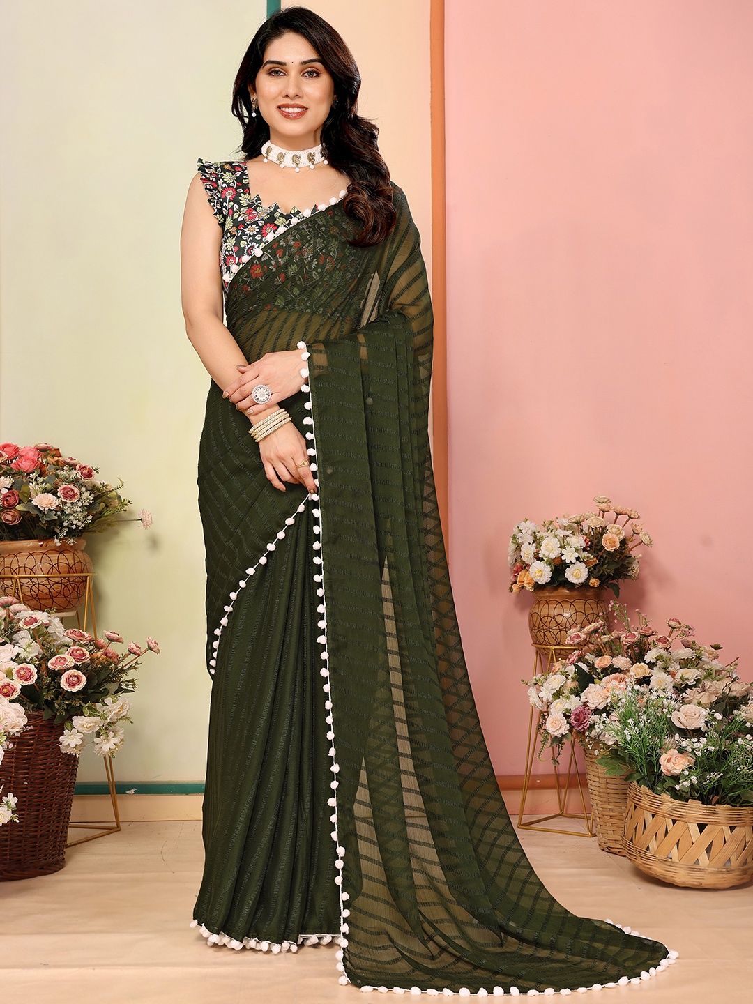 

Panzora Striped Poly Georgette Saree, Green