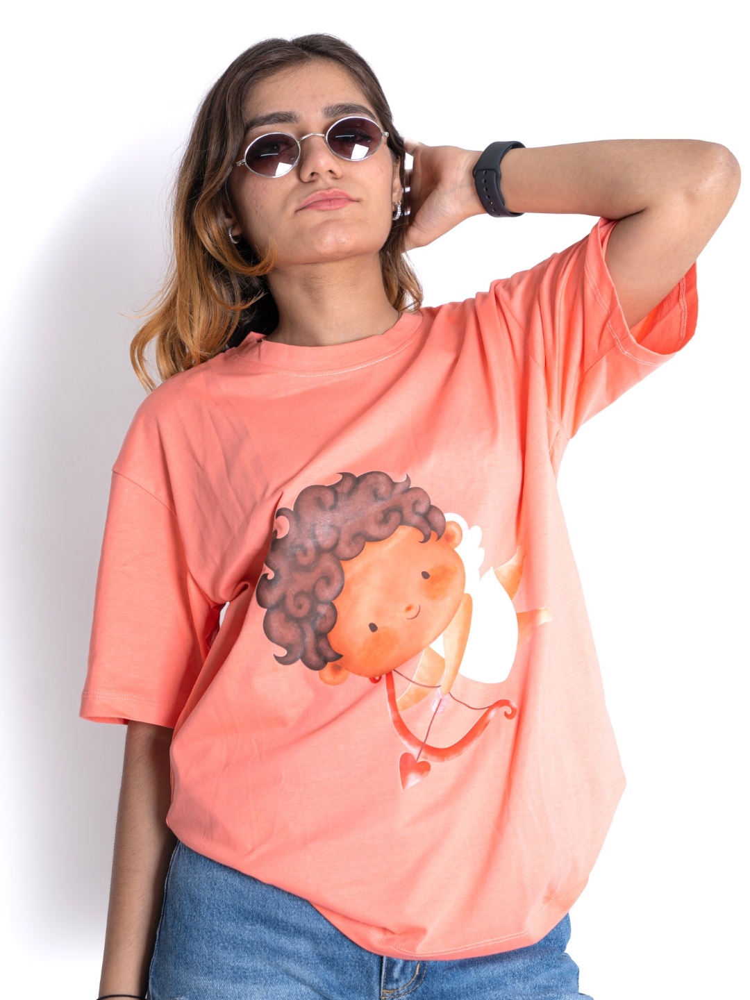 

JAC INDIAN Women Graphic Printed Round Neck Cotton Oversized T-shirt, Peach