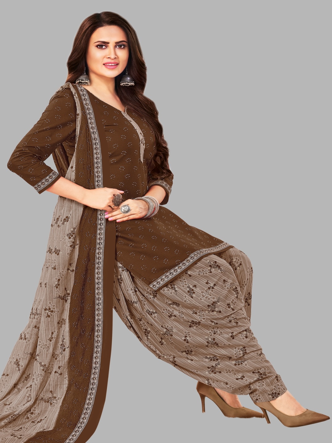 

Simmu Floral Printed Pure Cotton Unstitched Dress Material, Coffee brown