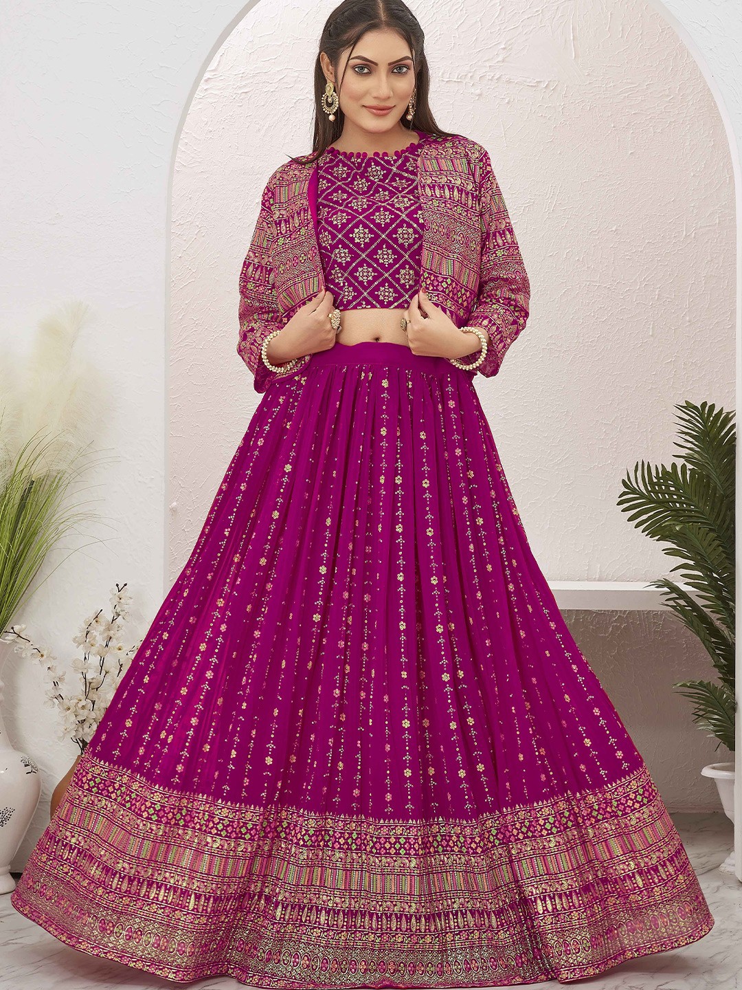 

Chandbaali Embroidered Sequinned Boat Neck Ready to Wear Lehenga & Choli With Jacket, Pink