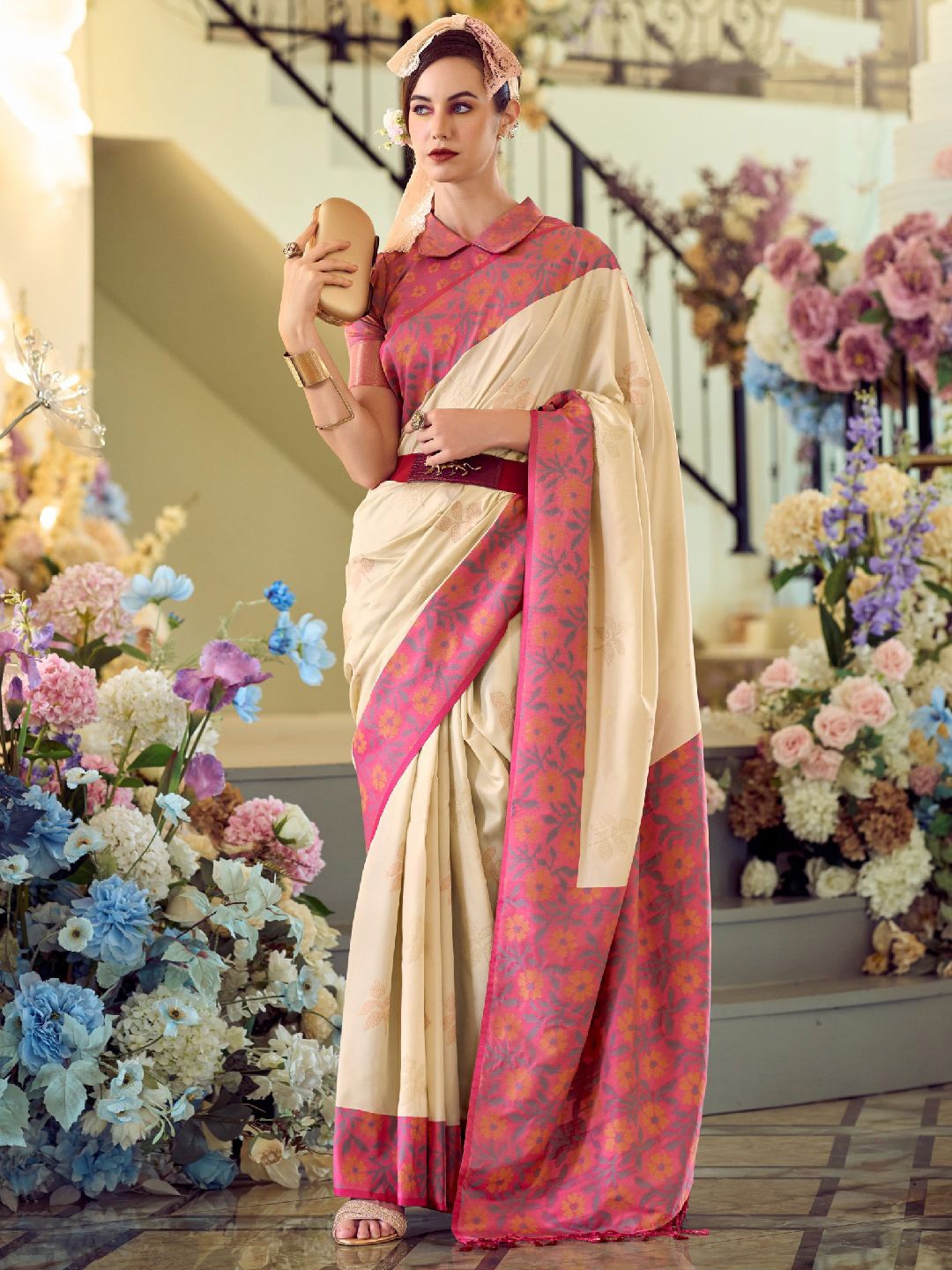 

Panzora Woven Design Silk Blend Ikat Saree, Beige