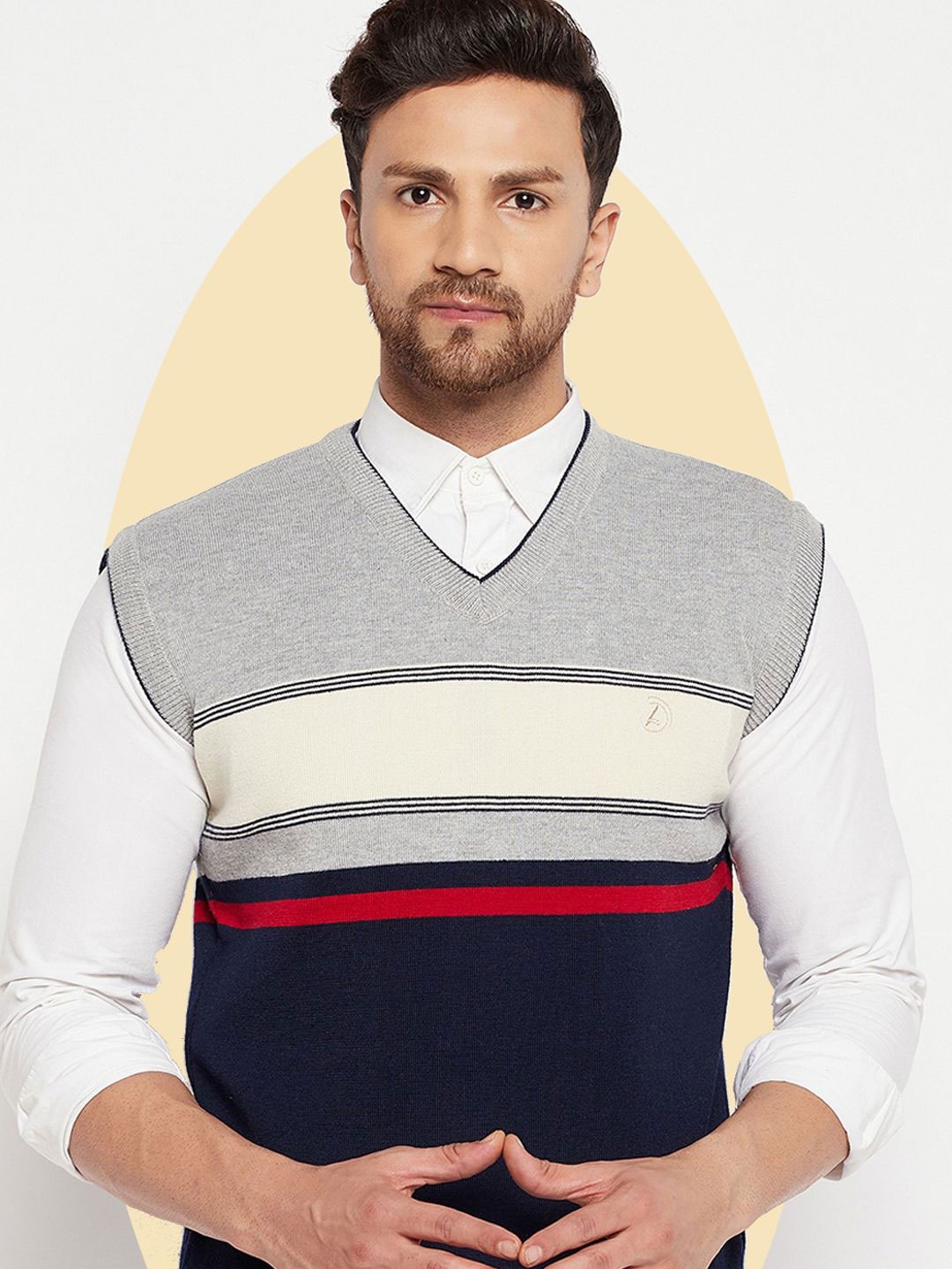 

LYCOS Men Striped Woollen Sweater Vest with Applique Detail, Grey