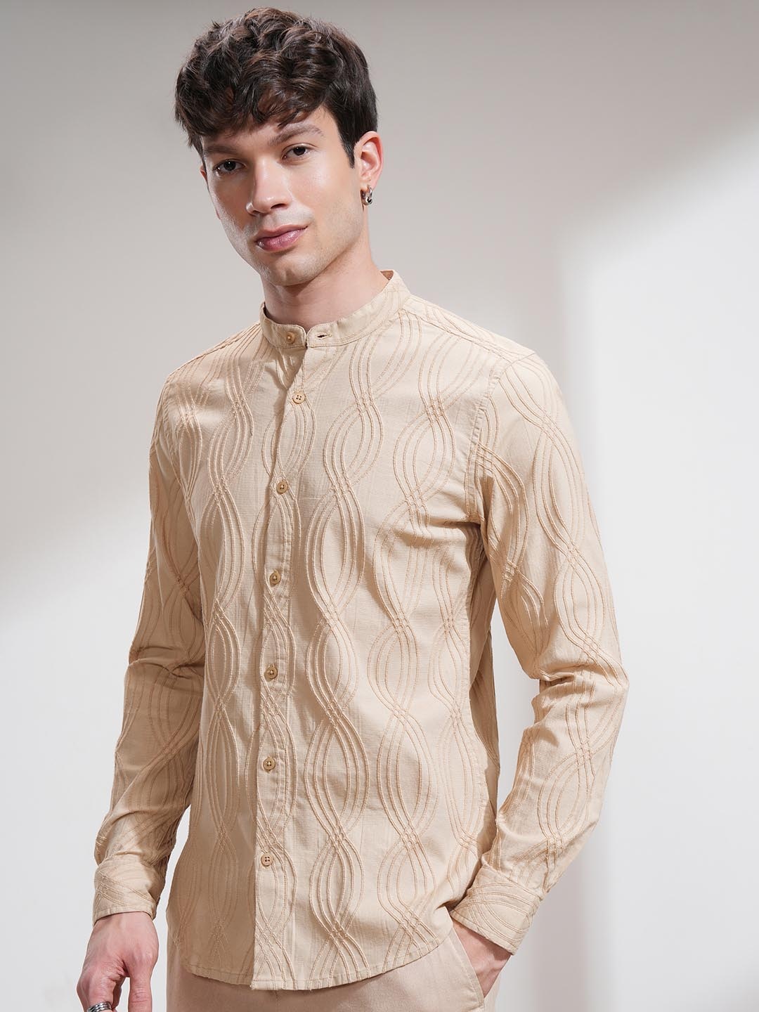 

HIGHLANDER Men Jacquard Embroidered Casual Shirt, Beige