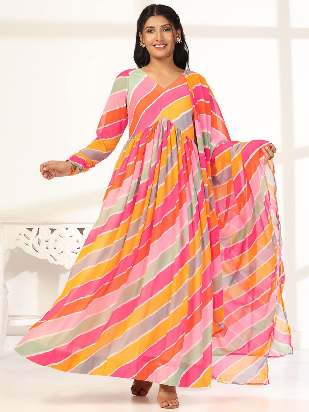 

Moda Rapido Women Printed Maxi Dress With Dupatta, Yellow